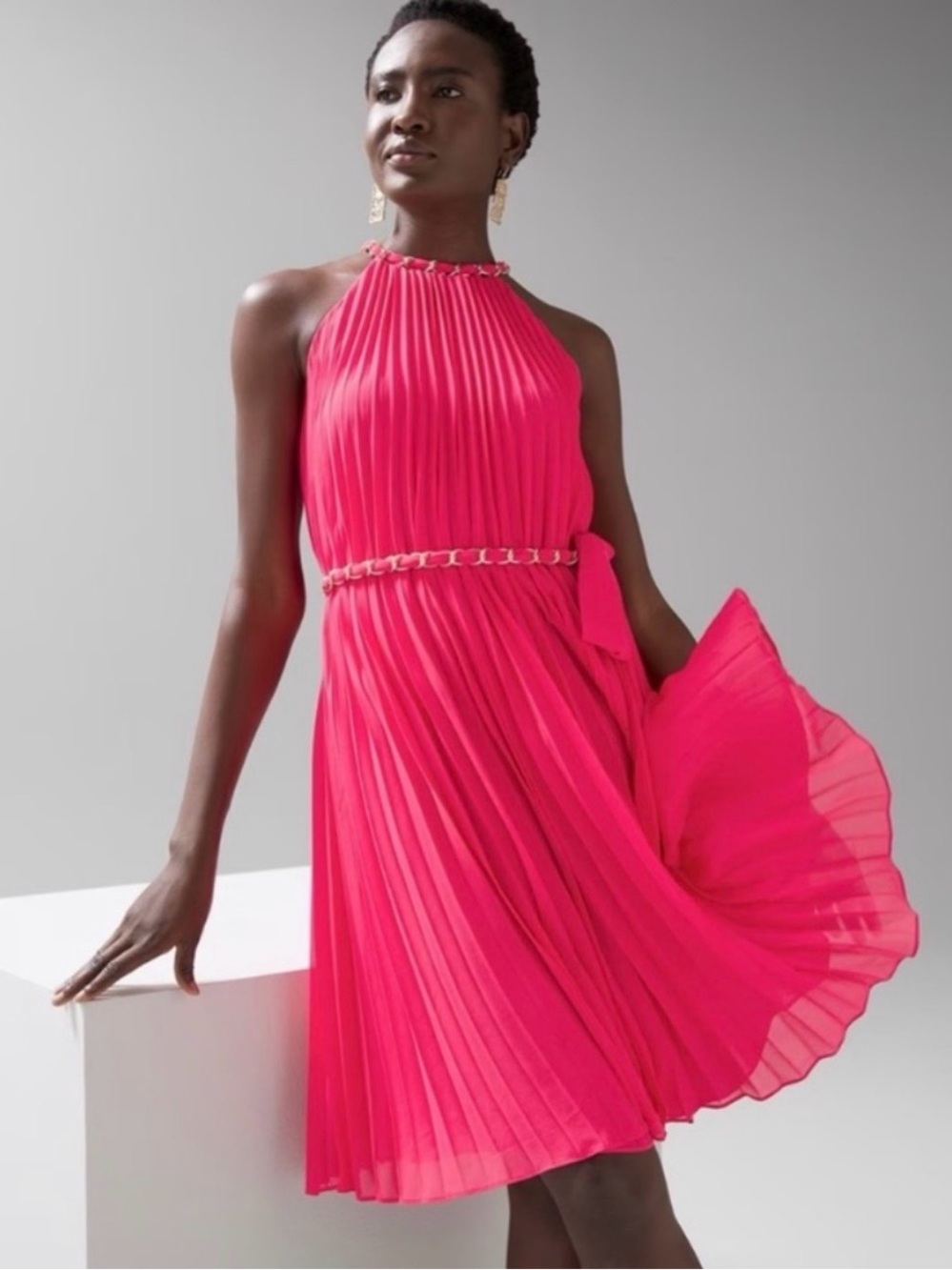 WHBM Pleated Halter Dress XS Pink Chain Detail Cocktail Party Dress